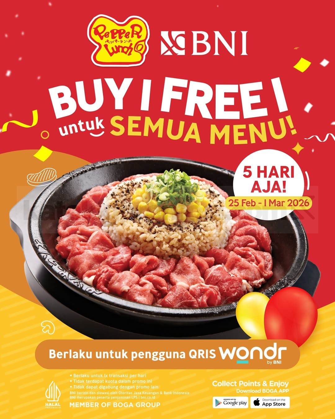 Promo Pepper Lunch BNI Buy 1 Get 1 Free Promo Pepper Lunch BNI Buy 1 Get 1 Free semua menu QRIS wondr BNI 25 Februari - 1 Maret 2026