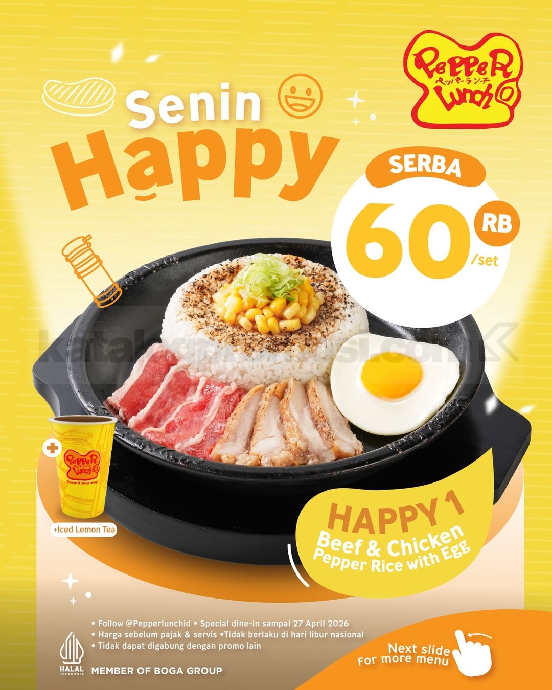 Promo Pepper Lunch Senin Happy Menu Rp. 60.000 Promo Pepper Lunch Senin Happy Menu Rp. 60.000 termasuk Ice Lemon Tea dine in