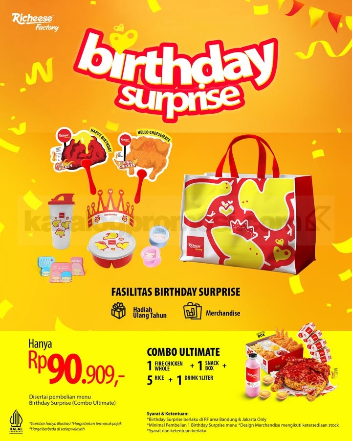 Promo Richeese Factory Birthday Surprise Rp. 90.909 Promo Richeese Factory Birthday Surprise Rp. 90.909 dengan bonus ulang tahun dan merchandise