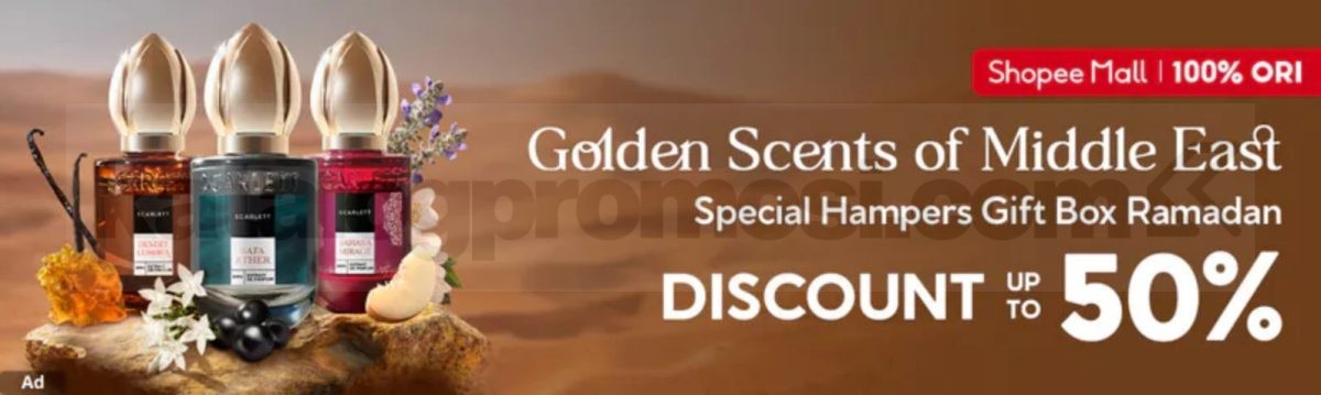 Promo Scarlett Golden Scents of Middle East Diskon 50% Promo Scarlett Golden Scents of Middle East diskon hingga 50% Extrait De Parfum tahan 16 jam