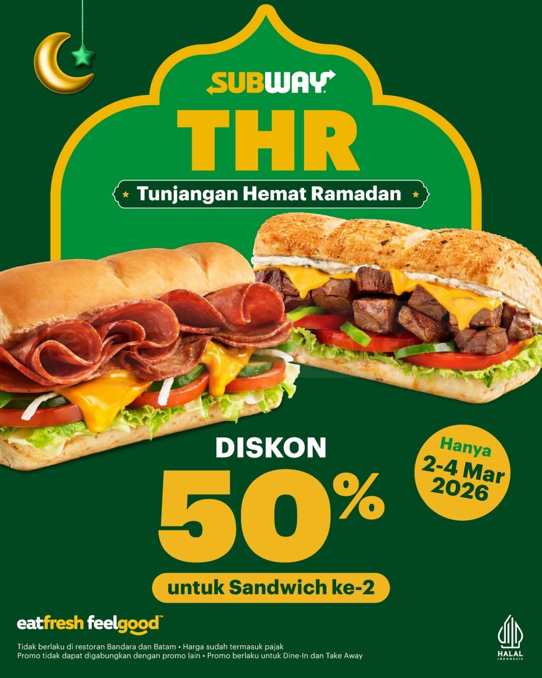 Promo Subway THR Diskon 50% Sandwich ke-2 Promo Subway THR Diskon 50% Sandwich ke-2 periode 2-4 Maret 2026