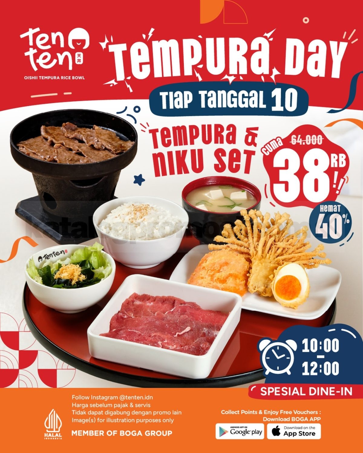 Promo Ten Ten Tempura Day Menu Set Rp. 38.000 Promo Ten Ten Tempura Day Menu Set Rp. 38.000 menunjukkan paket nasi tempura dengan diskon 40 persen setiap tanggal 10.