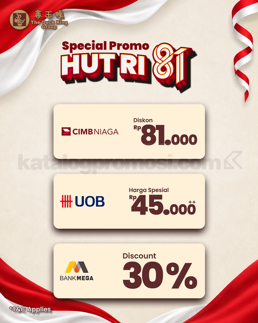 Promo The Duck King HUT RI ke-81 Diskon hingga 30% Promo The Duck King HUT RI ke-81 dari CIMB Niaga UOB dan Bank Mega