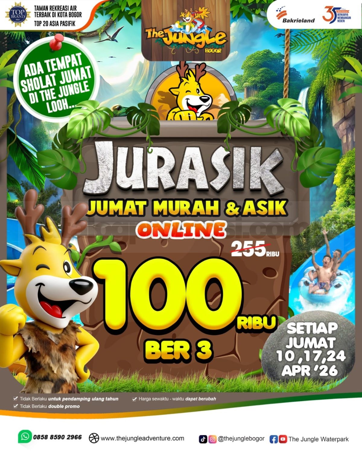 Promo The Jungle JURASIK Jumat Murah Ber 3 Rp. 100.000 Promo The Jungle JURASIK Jumat Murah Ber 3 Rp. 100.000 tiket waterpark Bogor April 2026