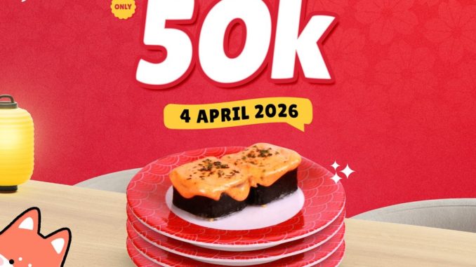 Promo Tom Sushi 4.4 Flash Sale 4 plate Rp. 50.000 tanggal 4 April 2026 dine-in red colorplates conveyor belt