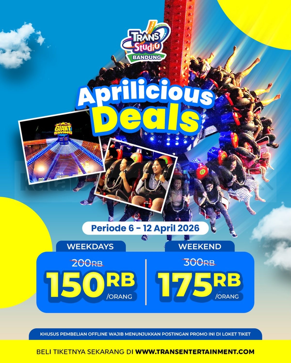 Promo Trans Studio Bandung Aprilicious Deals mulai Rp. 150.000 Promo Trans Studio Bandung Aprilicious Deals mulai Rp. 150.000 tiket masuk weekdays dan weekend April 2026