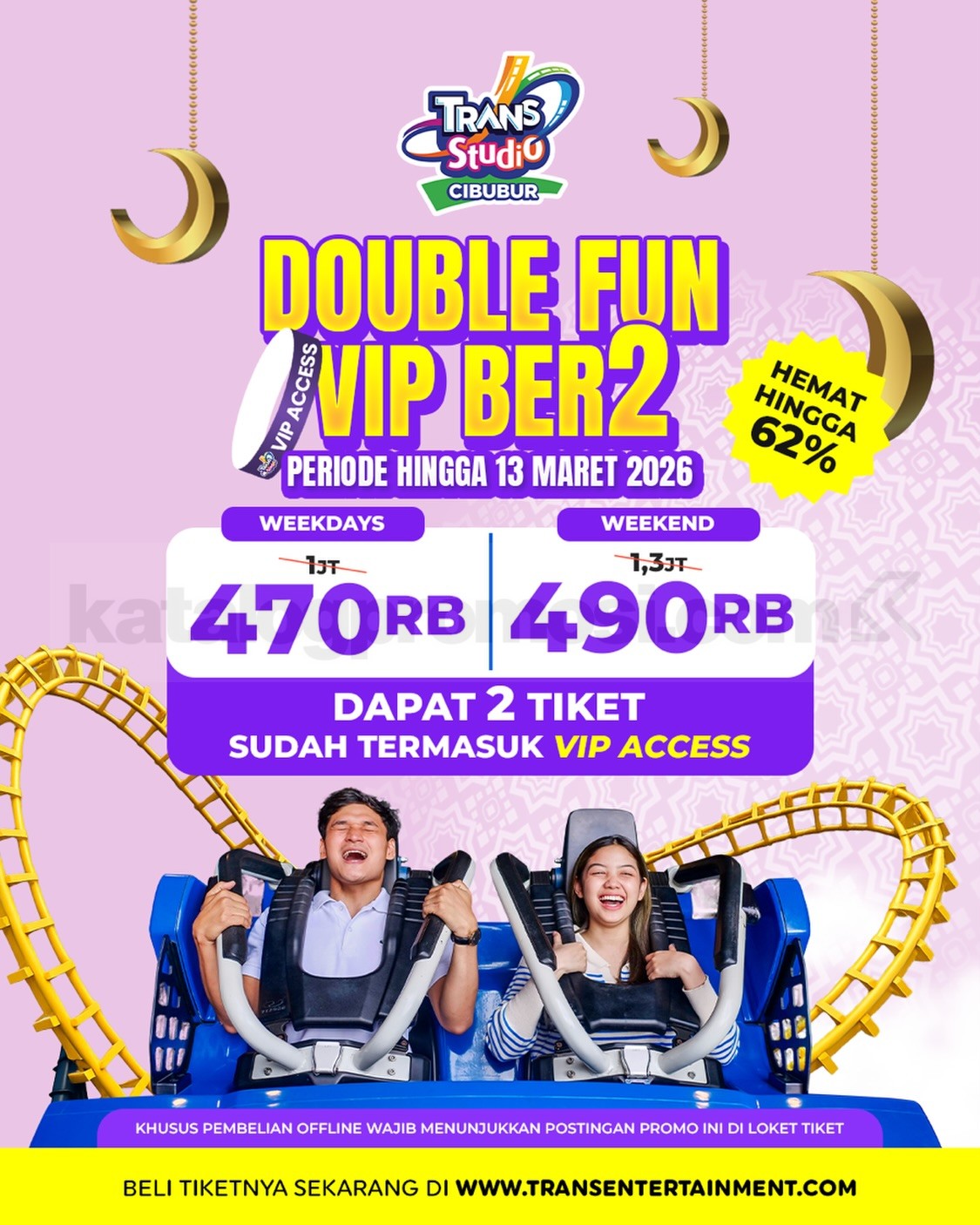Promo Trans Studio Cibubur Double Fun VIP Ber2 mulai Rp. 470.000 Promo Trans Studio Cibubur Double Fun VIP Ber2 mulai Rp. 470.000 2 tiket dan VIP Access hemat hingga 62%