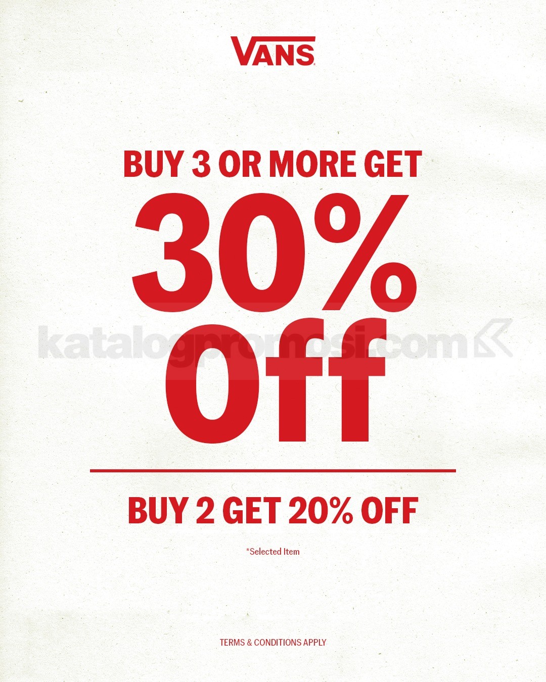 Promo Vans Buy More Save More Diskon hingga 30% Promo Vans Buy More Save More Diskon hingga 30% periode 14 sampai 17 Mei 2026 di gerai Vans Indonesia