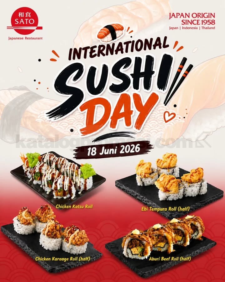 Promo Washoku Sato Sushi Day Paket Sushi mulai Rp. 25.000 Promo Washoku Sato Sushi Day Paket Sushi mulai Rp. 25.000 dengan pilihan sushi roll dan lemon tea