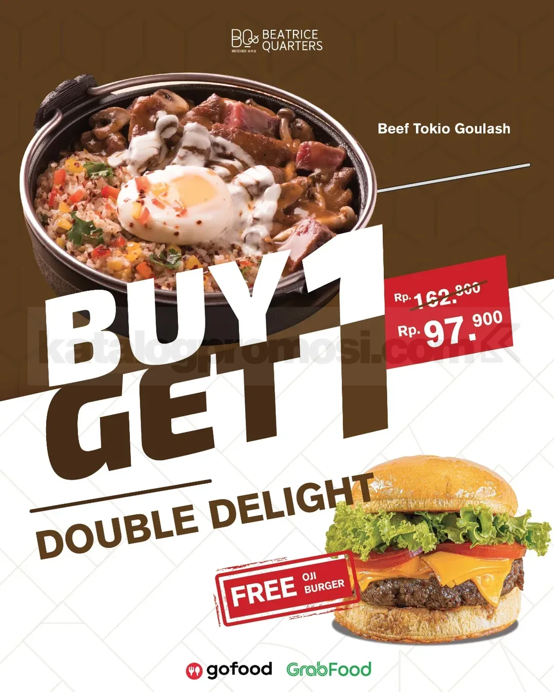 Promo Beatrice Quarters Buy 1 Get 1 Menu Promo Beatrice Quarters Buy 1 Get 1 Menu Rp. 97.900 gratis Oji Burger