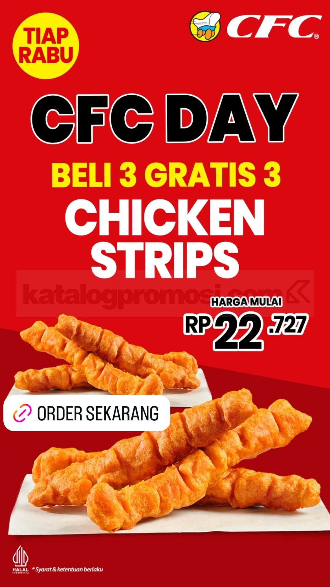 Promo CFC Day Beli 3 Gratis 3 Chicken Strips Promo CFC Day Beli 3 Gratis 3 Chicken Strips mulai Rp. 22.727 berlaku setiap Rabu di outlet CFC tertentu
