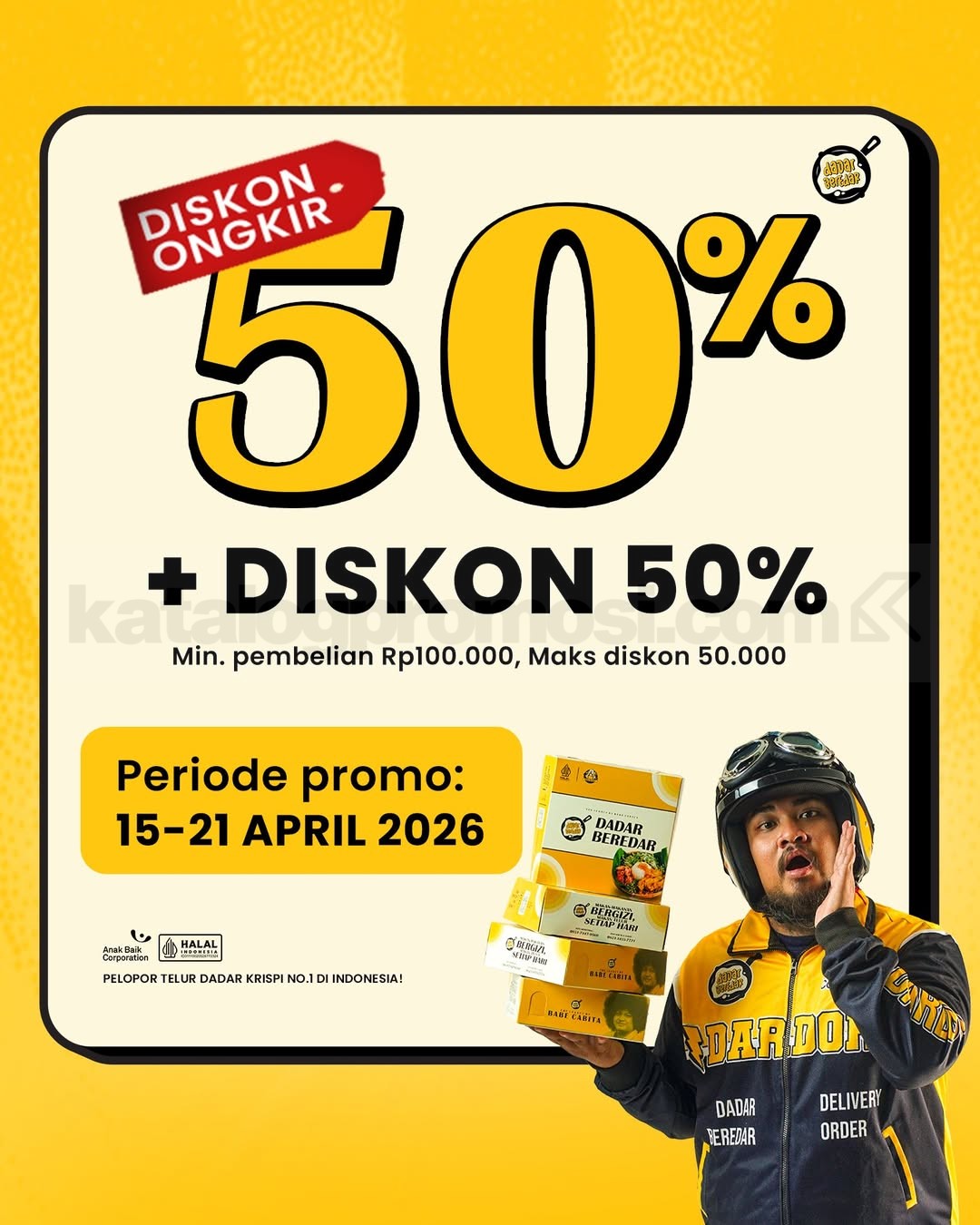 Promo Dadar Beredar DARDOR Diskon 50% + Ongkir 50% Promo Dadar Beredar DARDOR Diskon 50% + Ongkir 50% April 2026 minimal belanja Rp100.000