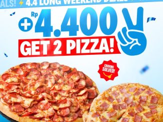 Promo Domino’s Pizza 4.4 medium pizza Rp. 4.400 periode 3 sampai 5 April 2026 untuk pembelian dua pizza