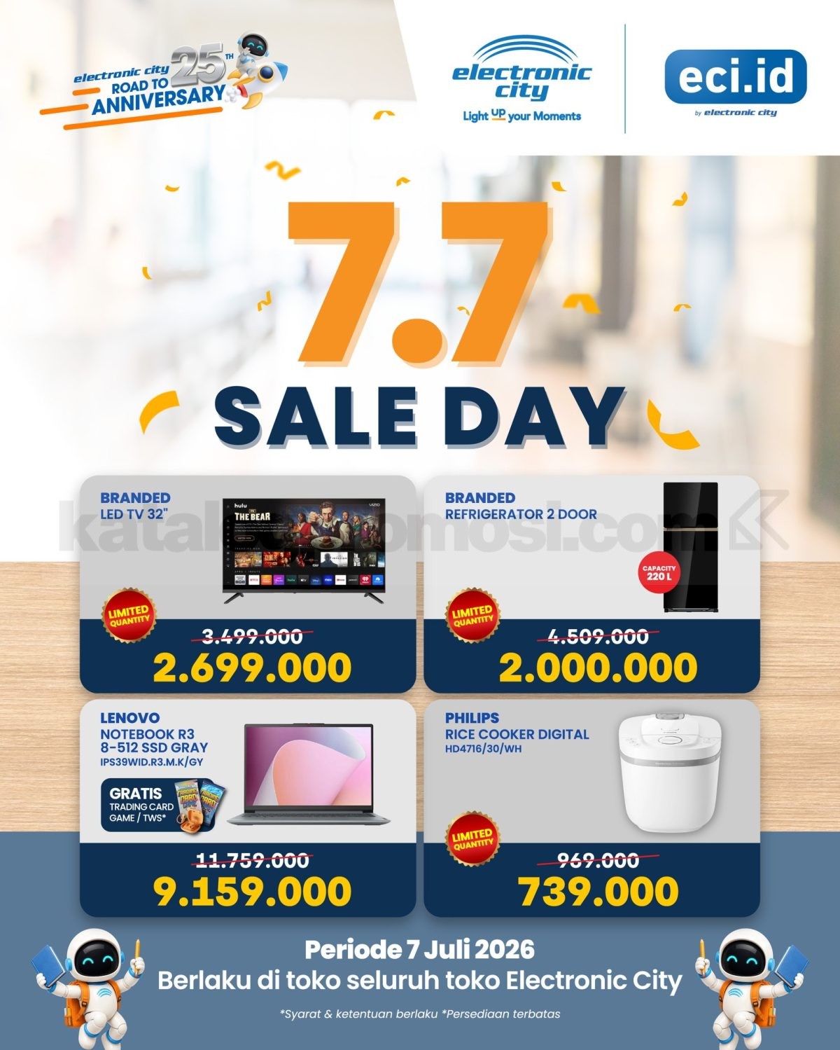 Promo Electronic City 7.7 Harga Spesial Elektronik Sehari Saja Promo Electronic City 7.7 Harga Spesial Elektronik Sehari Saja dengan TV, kulkas, notebook, dan rice cooker harga promo.