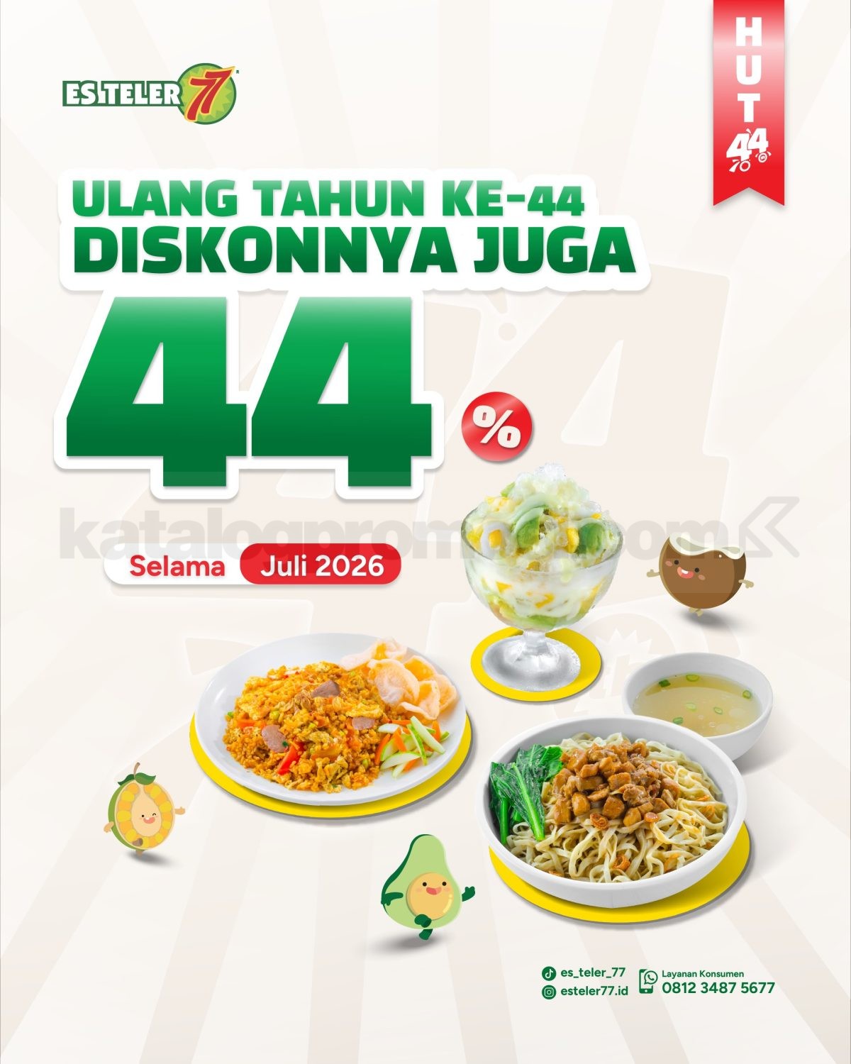 Promo Es Teler 77 Festival 44% Paket Hemat Mulai Rp. 47.000 Promo Es Teler 77 Festival 44% Paket Hemat Mulai Rp. 47.000 dengan pilihan paket Es Teler, Mie Ayam, Bakso Kuah, dan Nasi Goreng.
