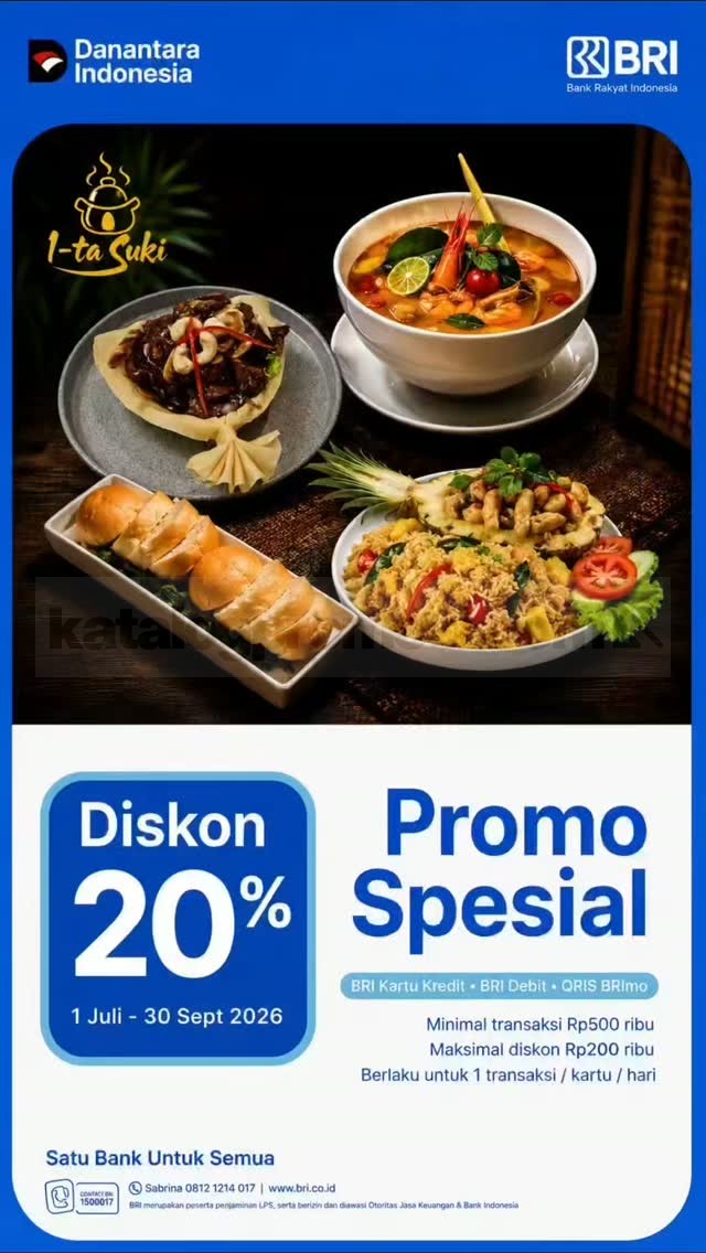 Promo Itasuki Resto Spesial BRI Diskon 20% Promo Itasuki Resto Spesial BRI Diskon 20% untuk pembayaran Kartu Kredit, Debit BRI, dan QRIS BRImo.