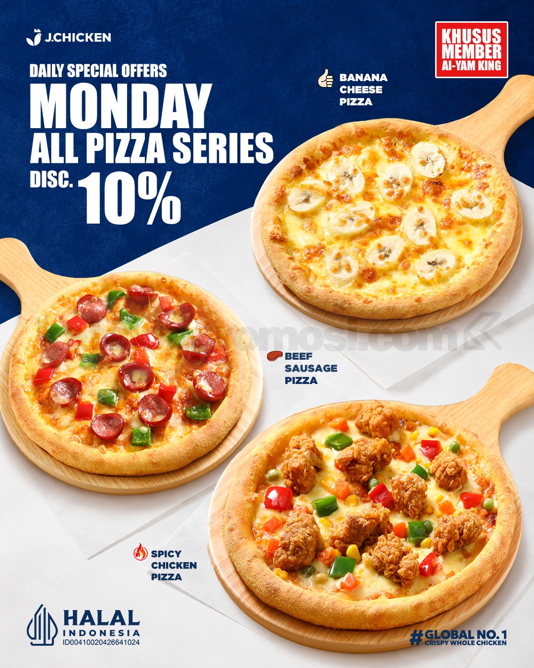 Promo J.CHICKEN Monday Special Diskon 10% Semua Varian Pizza Promo J.CHICKEN Monday Special Diskon 10% Semua Varian Pizza khusus member Ai-Yam King.