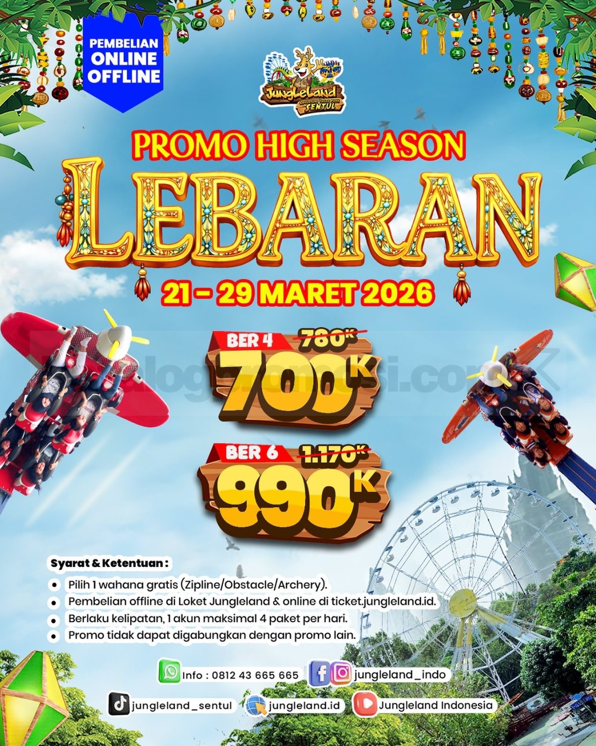 Promo Jungleland High Season Lebaran Paket Mulai Rp. 700.000 Promo Jungleland High Season Lebaran paket mulai Rp. 700.000 untuk 4 orang dengan pilihan wahana gratis