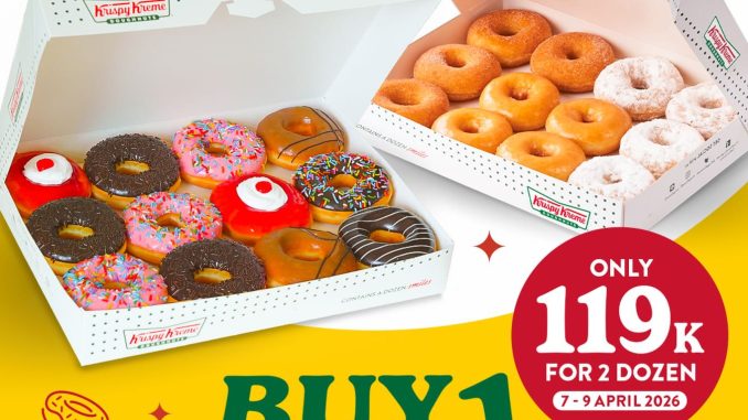 Promo Krispy Kreme beli 1 gratis 1 lusin donat 2 lusin Rp. 119.000 April 2026