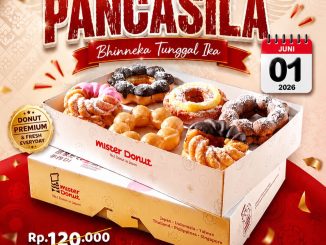 Promo Mister Donut Hari Lahir Pancasila 1 Dzn Rp. 85.000 khusus tanggal 1 Juni 2026.