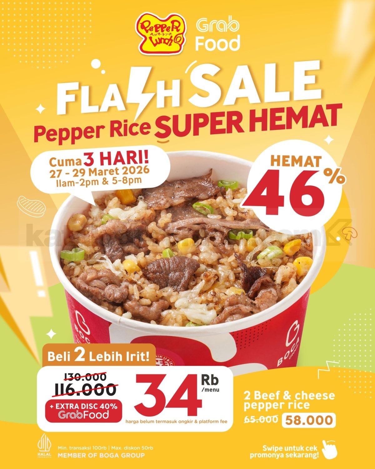 Promo Pepper Lunch GrabFood Flash Sale Diskon 46% Promo Pepper Lunch GrabFood Flash Sale Diskon 46% menu Beef & Cheese Pepper Rice paket berdua.