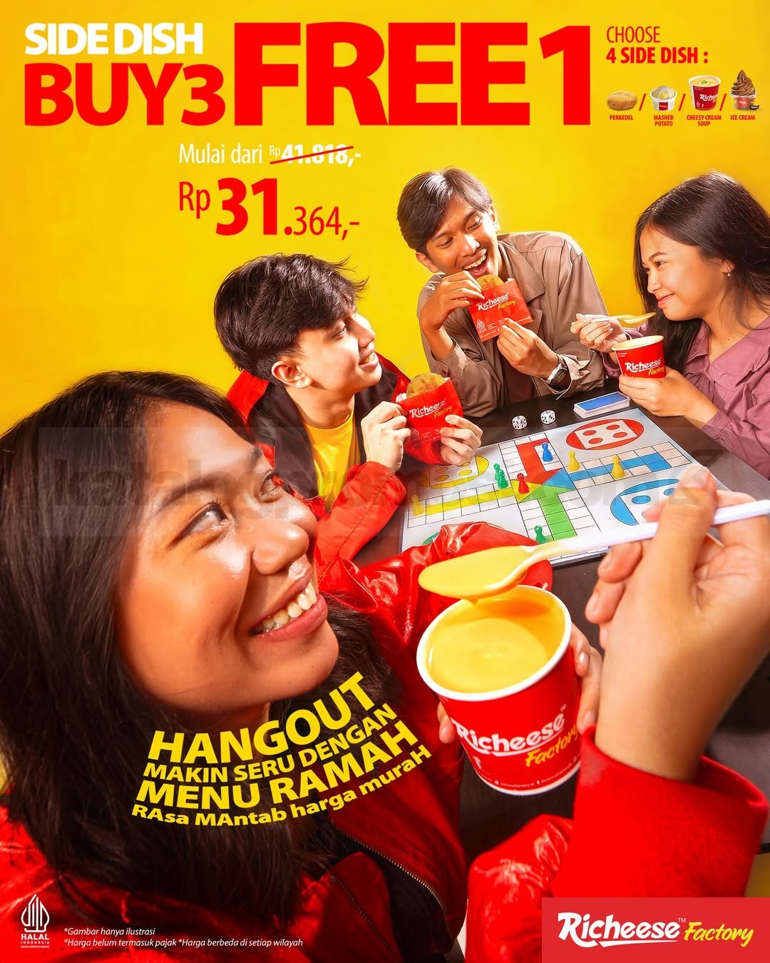 Promo Richeese Factory Buy 3 Free 1 Side Dish Promo Richeese Factory Buy 3 Free 1 Side Dish mulai Rp. 31.364 pilihan menu side dish