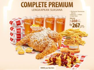 Promo Richeese Factory MABAR Complete Premium dengan pilihan paket ayam, nasi, minuman, dan side dish