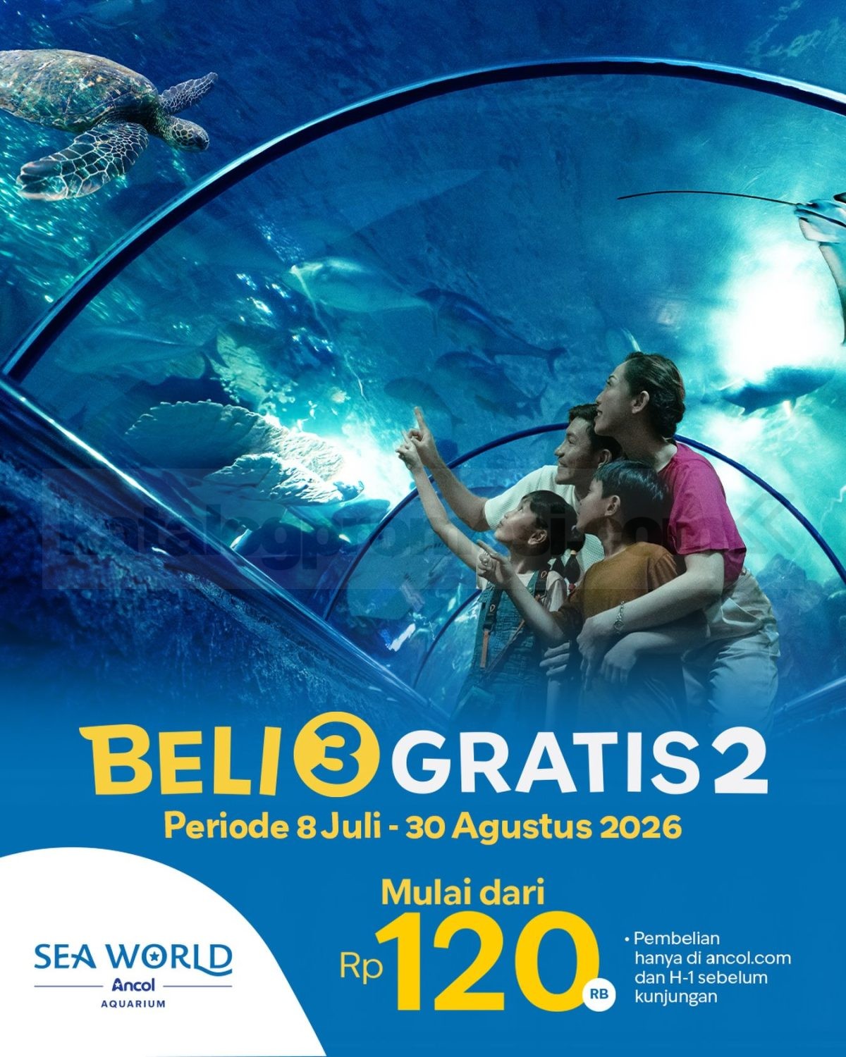 Promo Sea World Ancol Beli 3 Gratis 2 Tiket Promo Sea World Ancol Beli 3 Gratis 2 Tiket mulai Rp. 120.000 berlaku 8 Juli 2026 hingga 30 Agustus 2026.