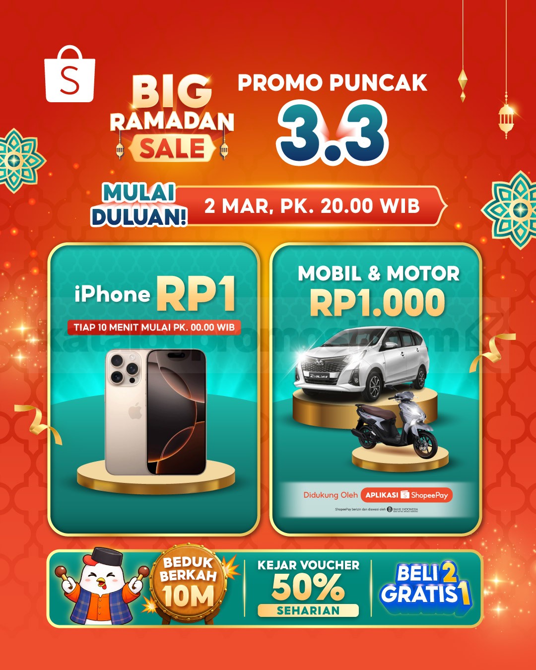 Promo Shopee 3.3 Big Ramadan Sale iPhone Rp. 1 Promo Shopee 3.3 Big Ramadan Sale iPhone Rp. 1 dan voucher 50% periode 2-3 Maret 2026