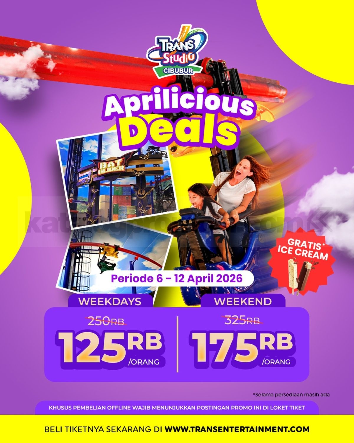 Promo Trans Studio Cibubur Aprilicious Deals Rp. 125.000 Promo Trans Studio Cibubur Aprilicious Deals Rp. 125.000 tiket + ice cream gratis