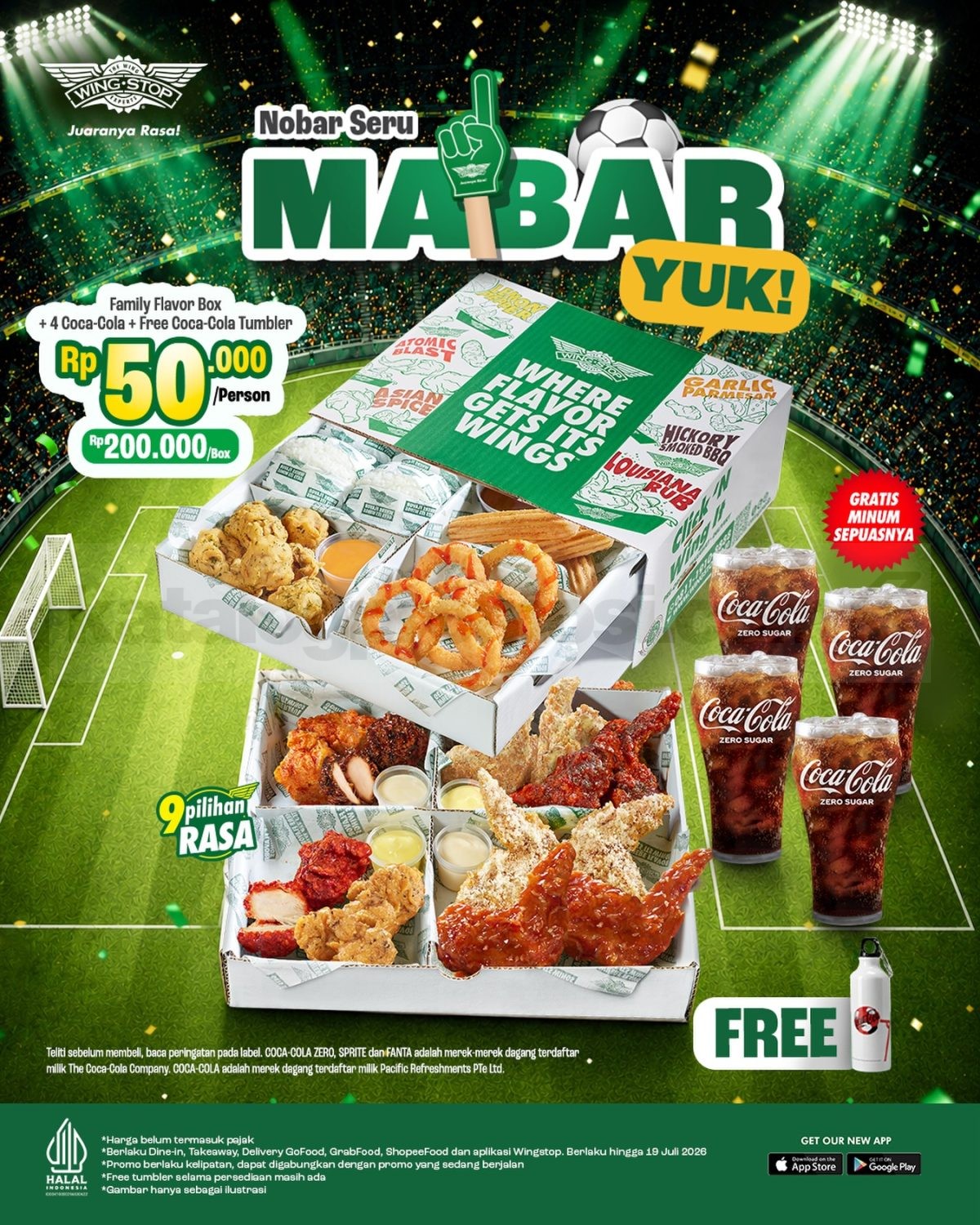 Promo Wingstop Family Flavor Box Mulai Rp. 50.000 Promo Wingstop Family Flavor Box mulai Rp. 50.000 per orang dengan 4 Coca-Cola dan gratis tumbler.