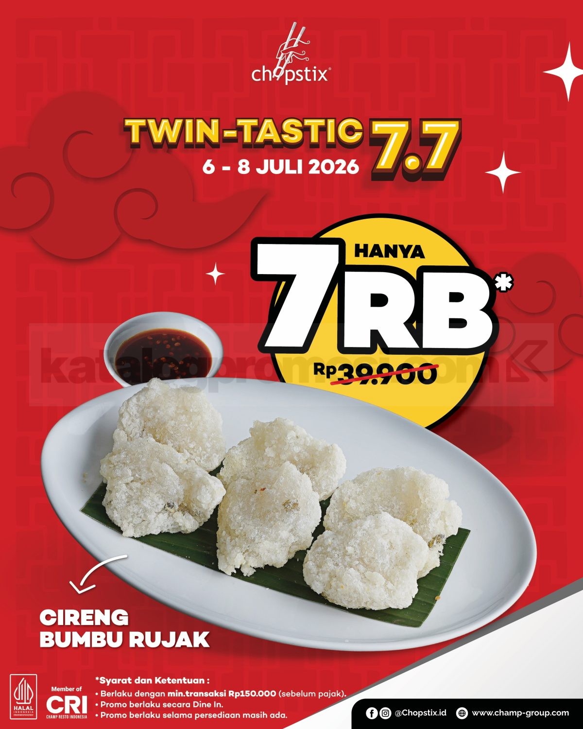 Promo Chopstix Twin-Tastic 7.7 Mulai Rp. 7.000 Promo Chopstix Twin-Tastic 7.7 mulai Rp. 7.000 untuk Cireng Bumbu Rujak dan paket makan Rp. 77.000.