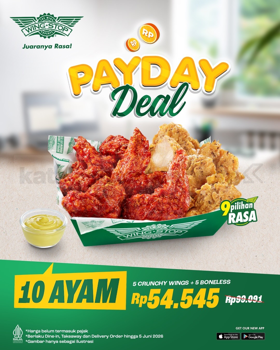 Promo Wingstop Payday Deal 10 Ayam Rp. 54.545 Promo Wingstop Payday Deal 10 Ayam Rp. 54.545 sampai 5 Juni 2026