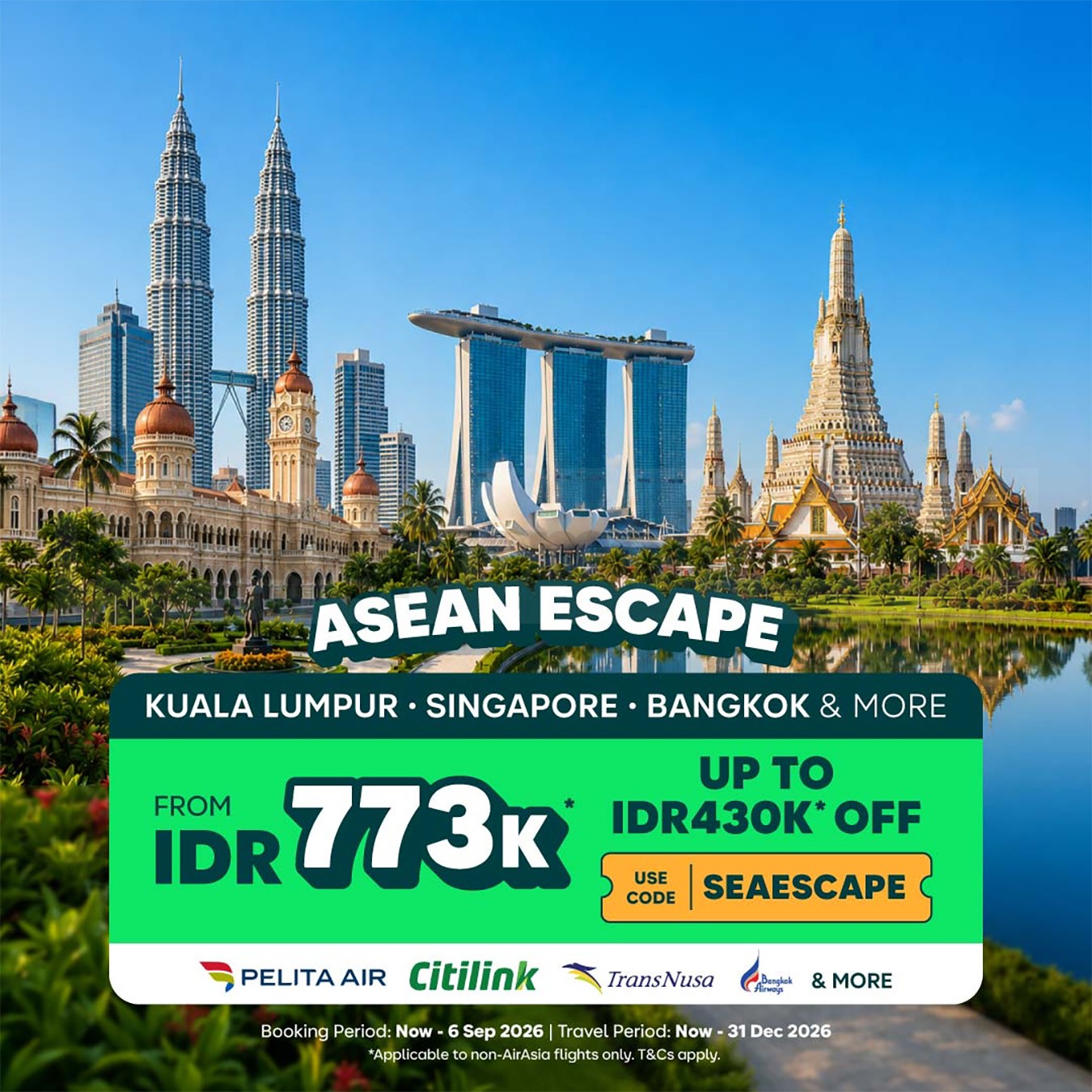 Promo AirAsia ASEAN Escape Tiket Mulai Rp. 773.000 Promo AirAsia ASEAN Escape tiket mulai Rp. 773.000 dan diskon hingga Rp. 430.000 untuk penerbangan non-AirAsia.