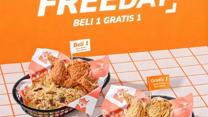Promo ALMAZ Fried Chicken FRIDAY IS FREEDAY Beli 1 GRATIS 1 menampilkan paket Nasi Kebuli dan Ayam Saudi.