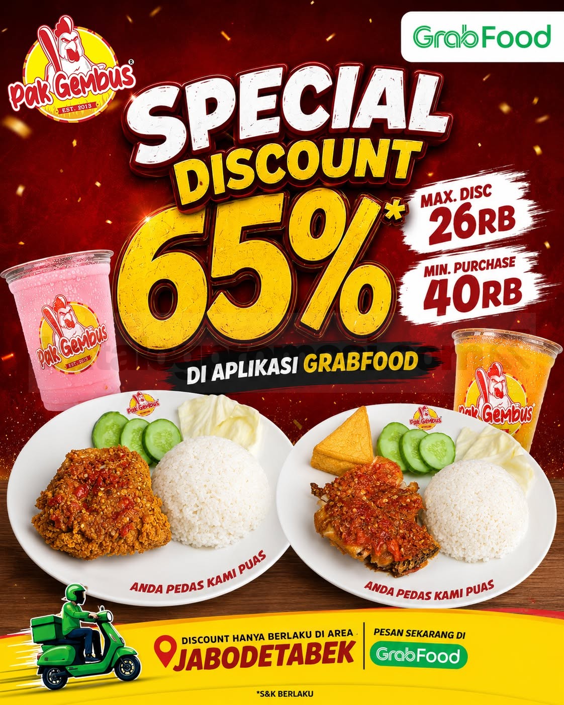 Promo Ayam Gepuk Pak Gembus GrabFood Diskon 65% Promo Ayam Gepuk Pak Gembus GrabFood Diskon 65% dengan potongan hingga Rp. 26.000 di area JABODETABEK.