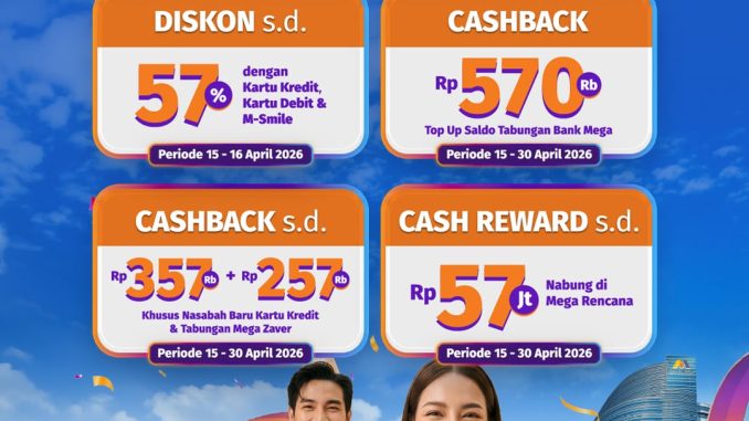 Promo Bank Mega HUT 57 diskon hingga 57 persen cashback hingga Rp570 ribu periode April 2026