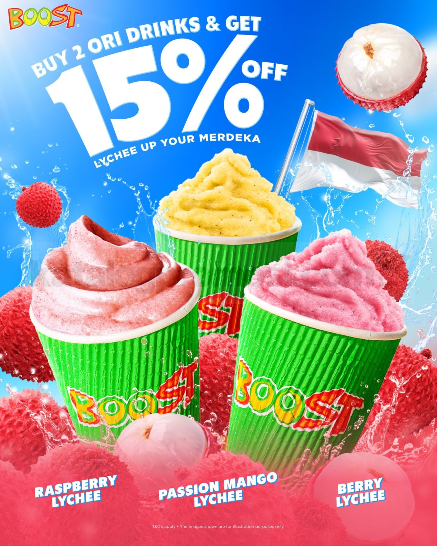 Promo Boost Juice 17 Agustus, Beli 2 Lychee Diskon 15% Promo Boost Juice 17 Agustus beli 2 minuman Lychee pilihan diskon 15% khusus Lychee Up Your Merdeka.
