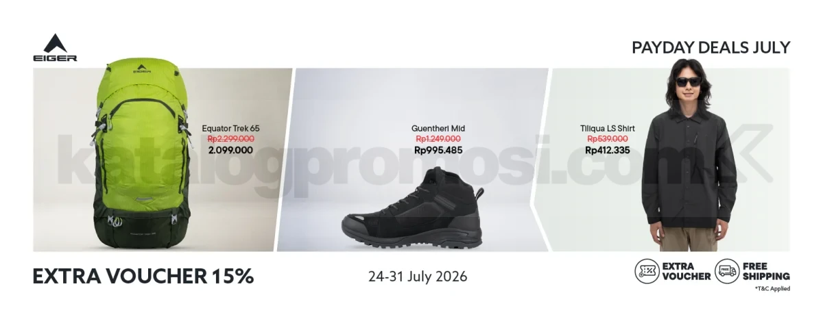 Promo EIGER Payday Deals July Extra Voucher 15% Promo EIGER Payday Deals July Extra Voucher 15% dengan harga spesial gear outdoor dan Gratis Ongkir.
