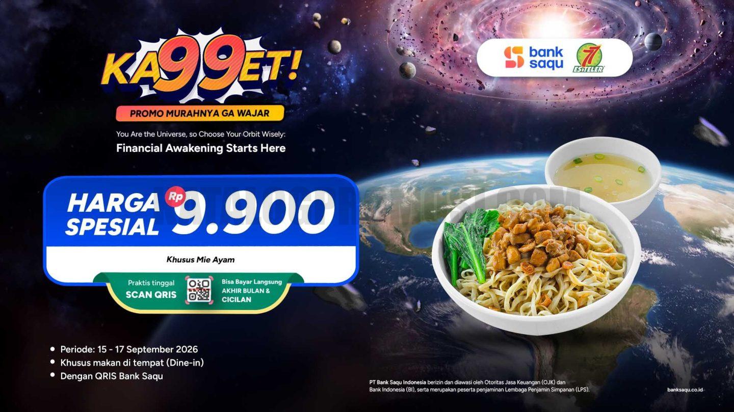 Promo Es Teler 77 KA99ET Mie Ayam Rp9.900 Promo Es Teler 77 KA99ET Mie Ayam Rp9.900 dengan pembayaran QRIS Bank Saqu untuk dine-in