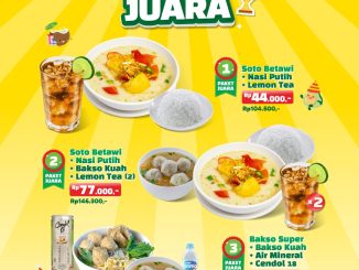 Promo Es Teler 77 Paket Juara Mulai Rp. 44.000 dengan pilihan Soto Betawi dan Bakso Super.