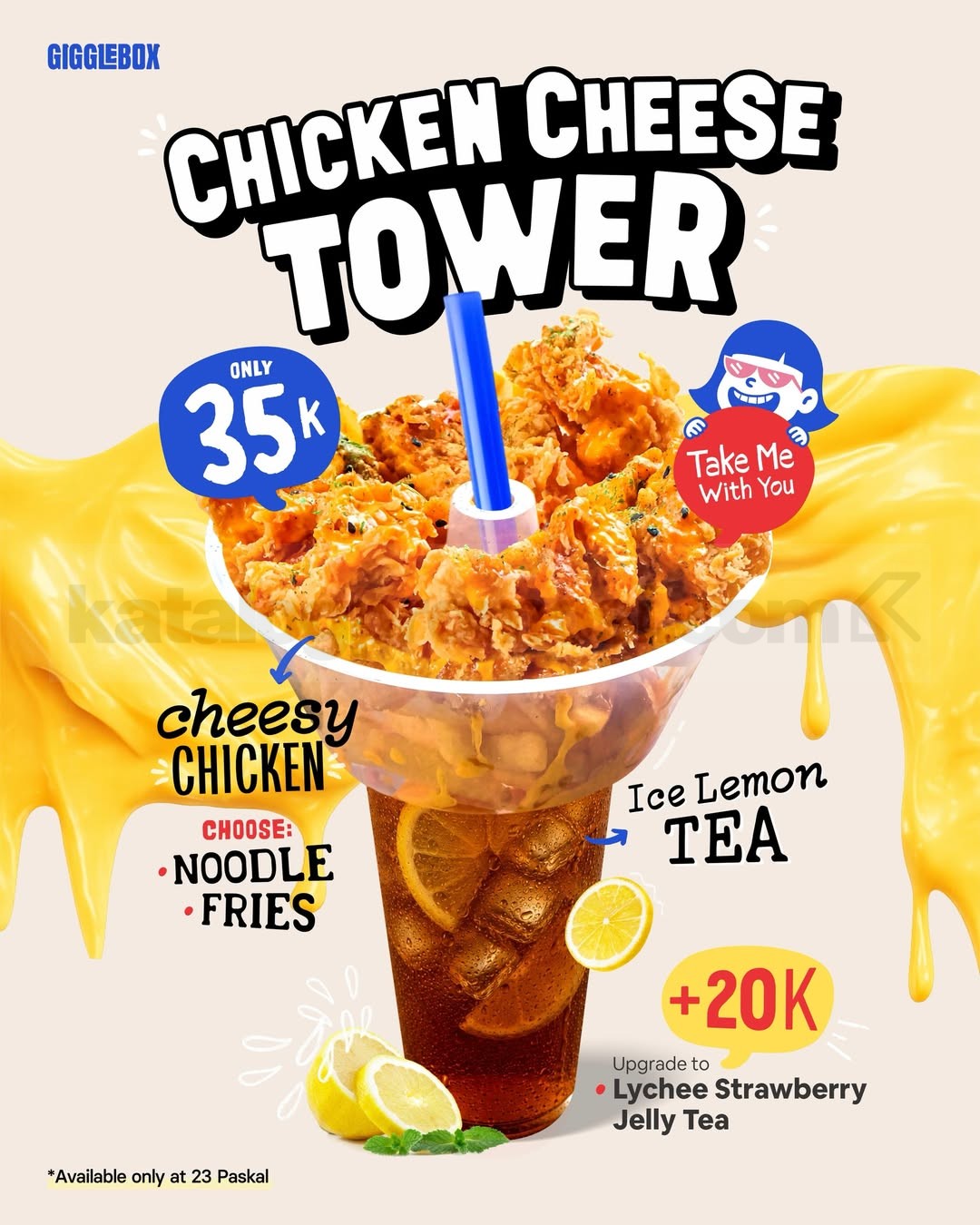 Promo GiggleBox Chicken Cheese Tower Rp. 35.000 Promo GiggleBox Chicken Cheese Tower Rp. 35.000 dengan pilihan Noodle atau Fries dan Ice Lemon Tea