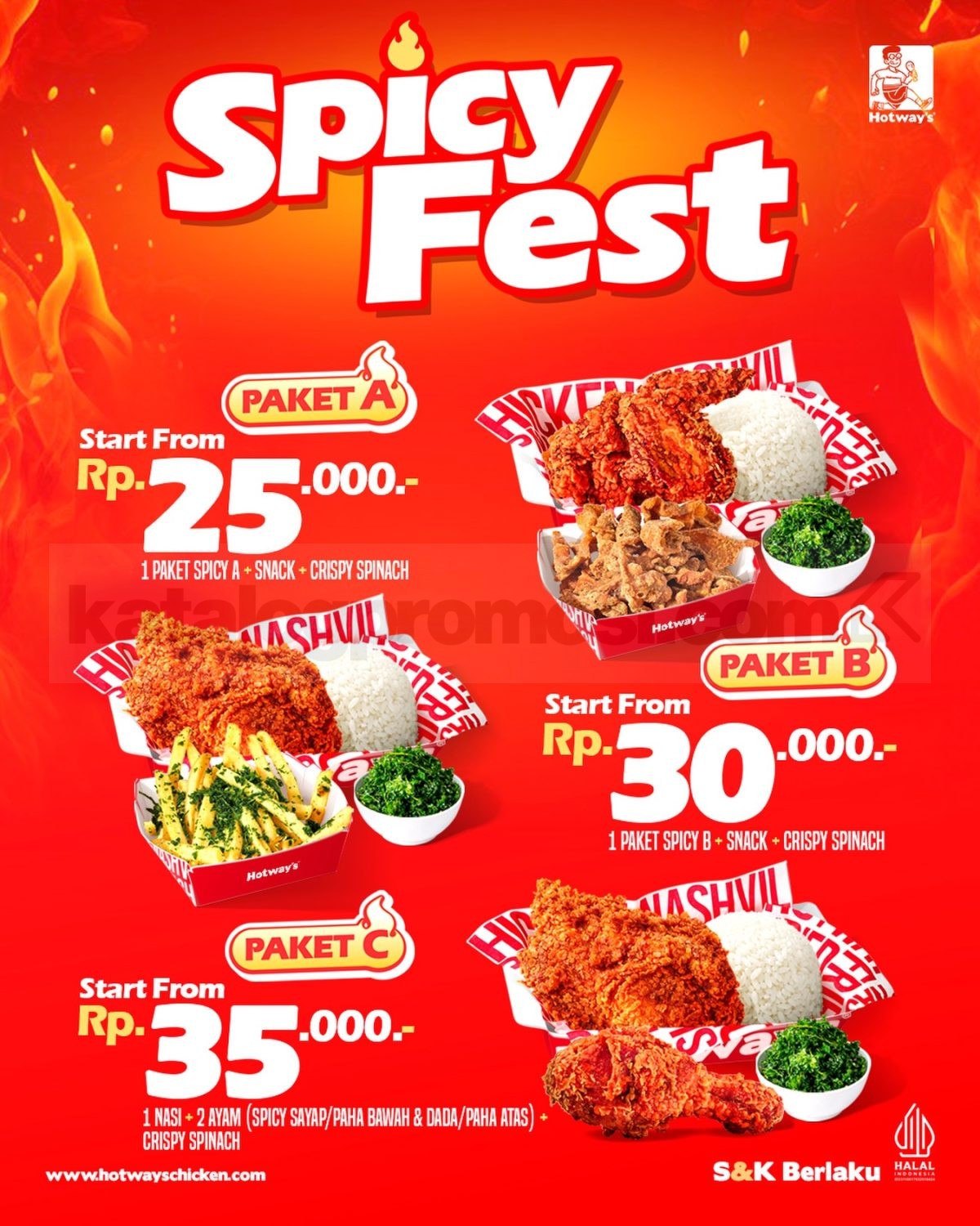 Promo Hotway’s Chicken Paket Spicy mulai Rp. 25.000 Promo Hotway’s Chicken Paket Spicy mulai Rp. 25.000 dengan pilihan paket ayam pedas lengkap snack dan Crispy Spinach.