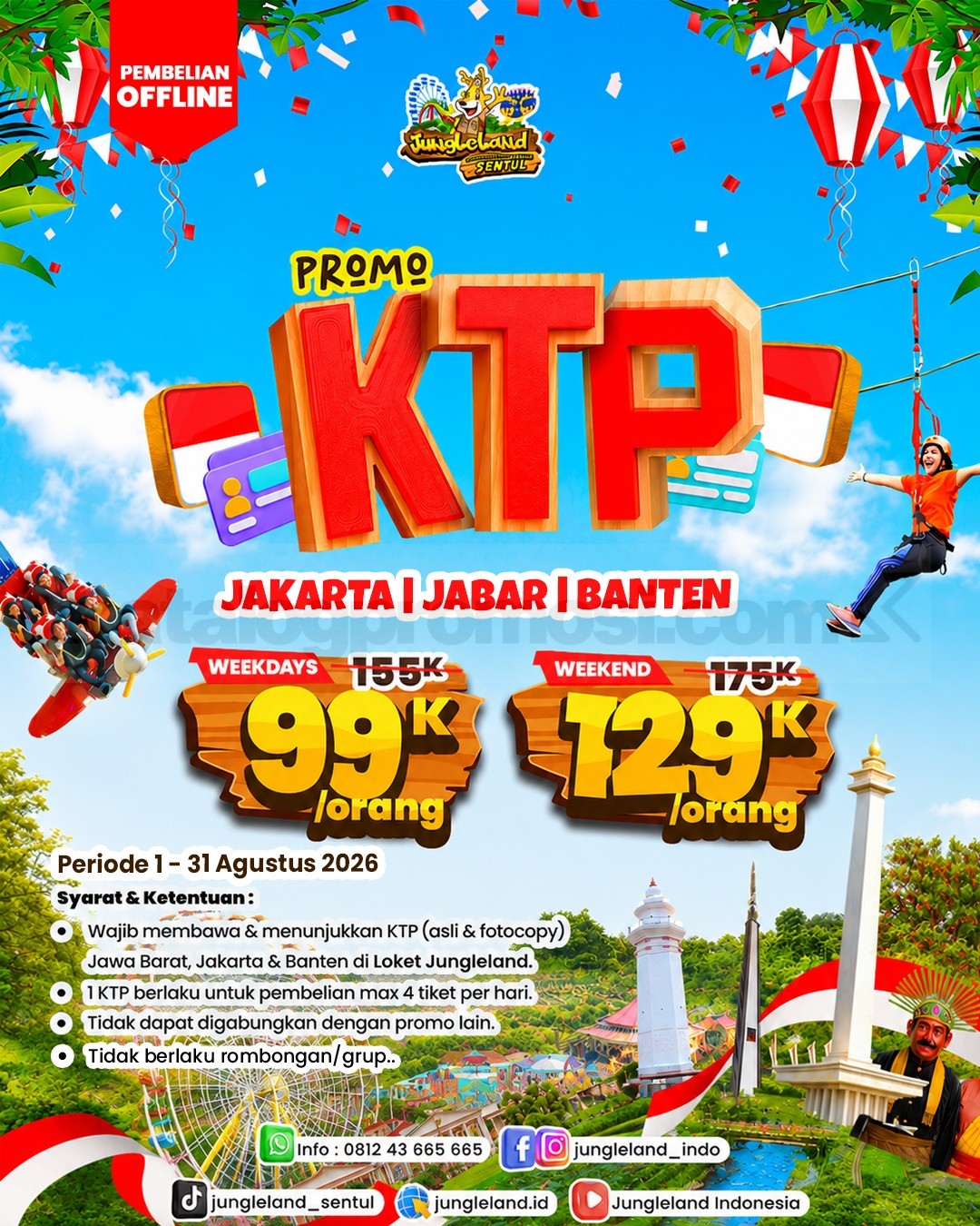 Promo Jungleland KTP Tiket Mulai Rp. 99.000 Promo Jungleland KTP Tiket Mulai Rp. 99.000 untuk warga Jakarta, Jawa Barat, dan Banten.