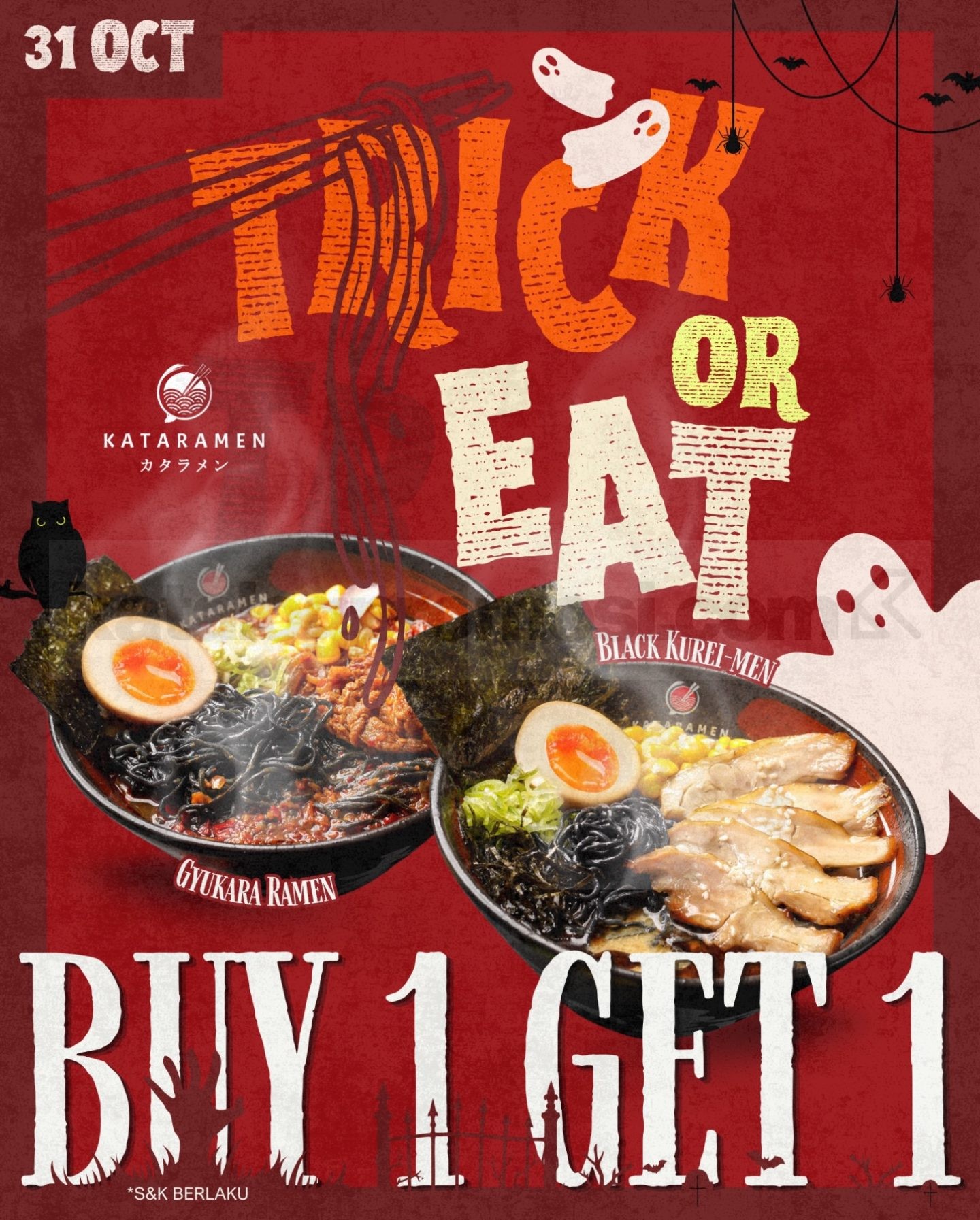 Promo Kataramen Halloween Buy 1 Get 1 Ramen Promo Kataramen Halloween Buy 1 Get 1 Ramen beli Gyukara gratis Black Kurei di outlet Tebet dan Rawamangun.