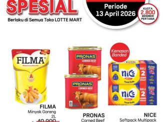 Promo LOTTE MART Promo Spesial Hanya 1 Hari menampilkan harga hemat minyak goreng Filma dan kornet Pronas untuk member.
