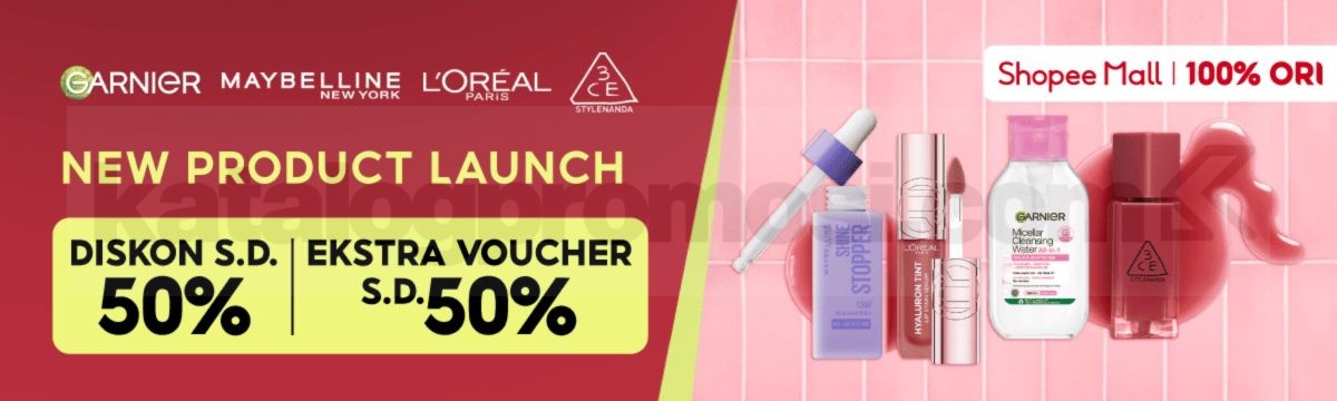 Promo Maybelline L'Oréal Garnier 3CE Diskon hingga 50% Promo Maybelline L'Oréal Garnier 3CE Diskon hingga 50% dengan voucher ekstra hingga 50% di Shopee