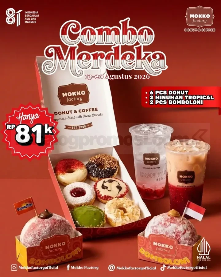 Promo Mokko Factory Combo Merdeka Rp. 81.000 Promo Mokko Factory Combo Merdeka Rp. 81.000 dengan donut, minuman Tropical Fruits, dan Bomboloni