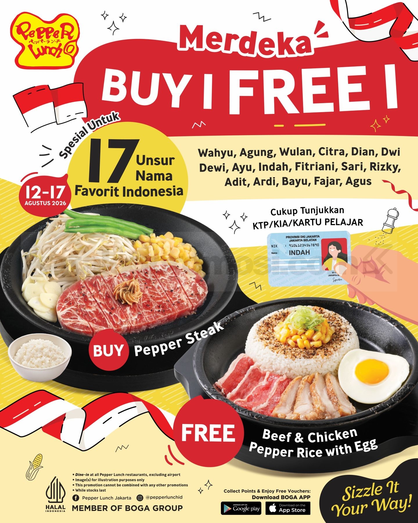 Promo Pepper Lunch Merdeka Buy 1 Free 1 Promo Pepper Lunch Merdeka Buy 1 Free 1 untuk 17 unsur nama Indonesia