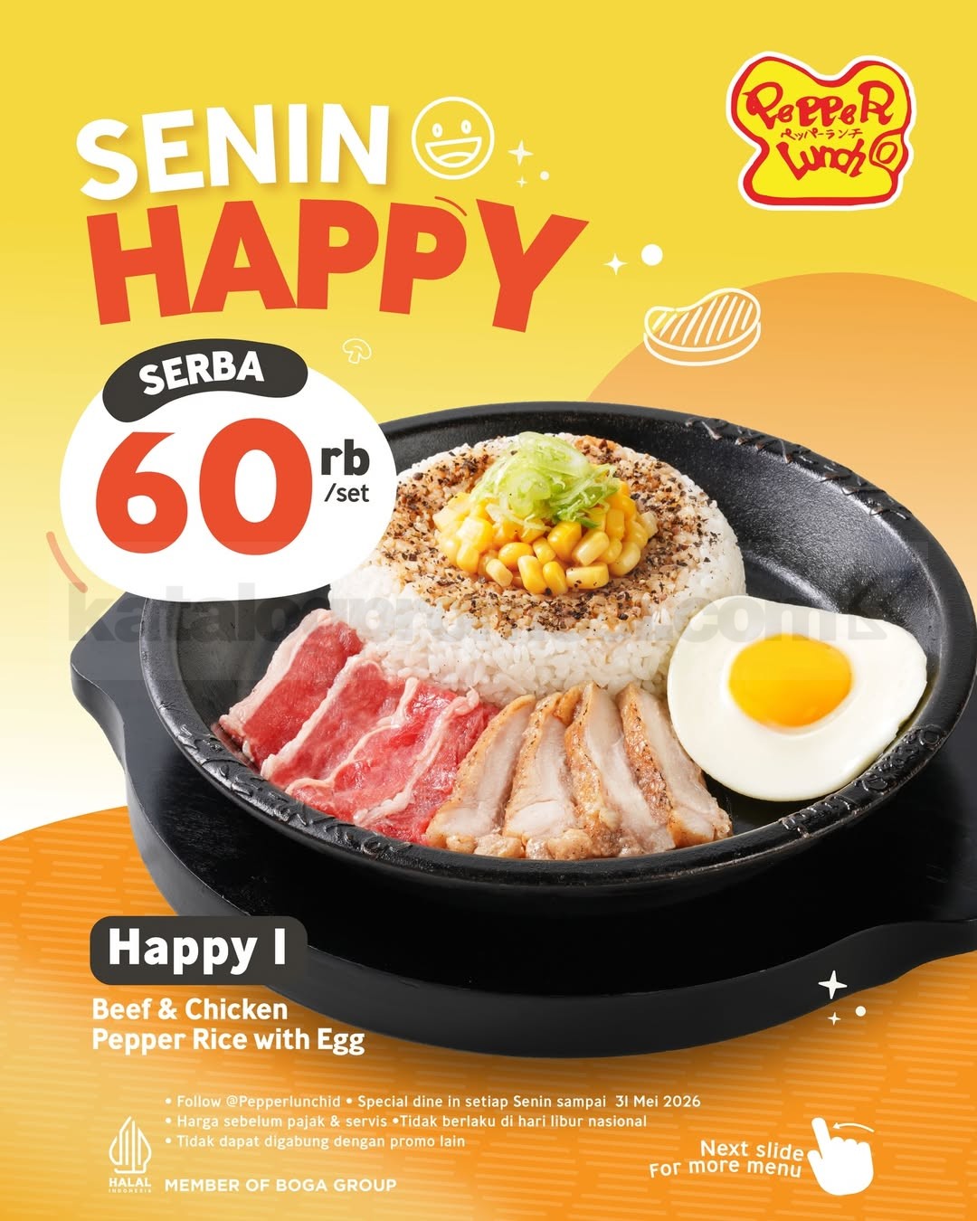 Promo Pepper Lunch Senin Happy Menu Rp. 60.000 Promo Pepper Lunch Senin Happy Menu Rp. 60.000 pilihan pepper rice hingga 31 Mei 2026